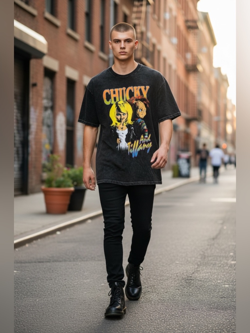 Bride of Chucky Tiffany Graphic T-Shirt Black Acid Wash Size Small Horror Tee